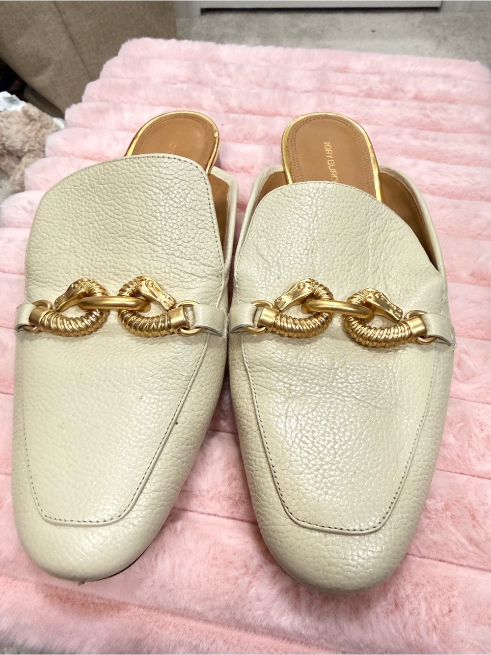Tory Burch Cream Leather Chain-Detail Slip-On Mules